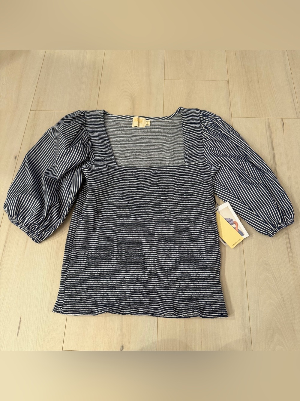 Nation LA Navy Striped Square-Neck Puff Sleeve Top